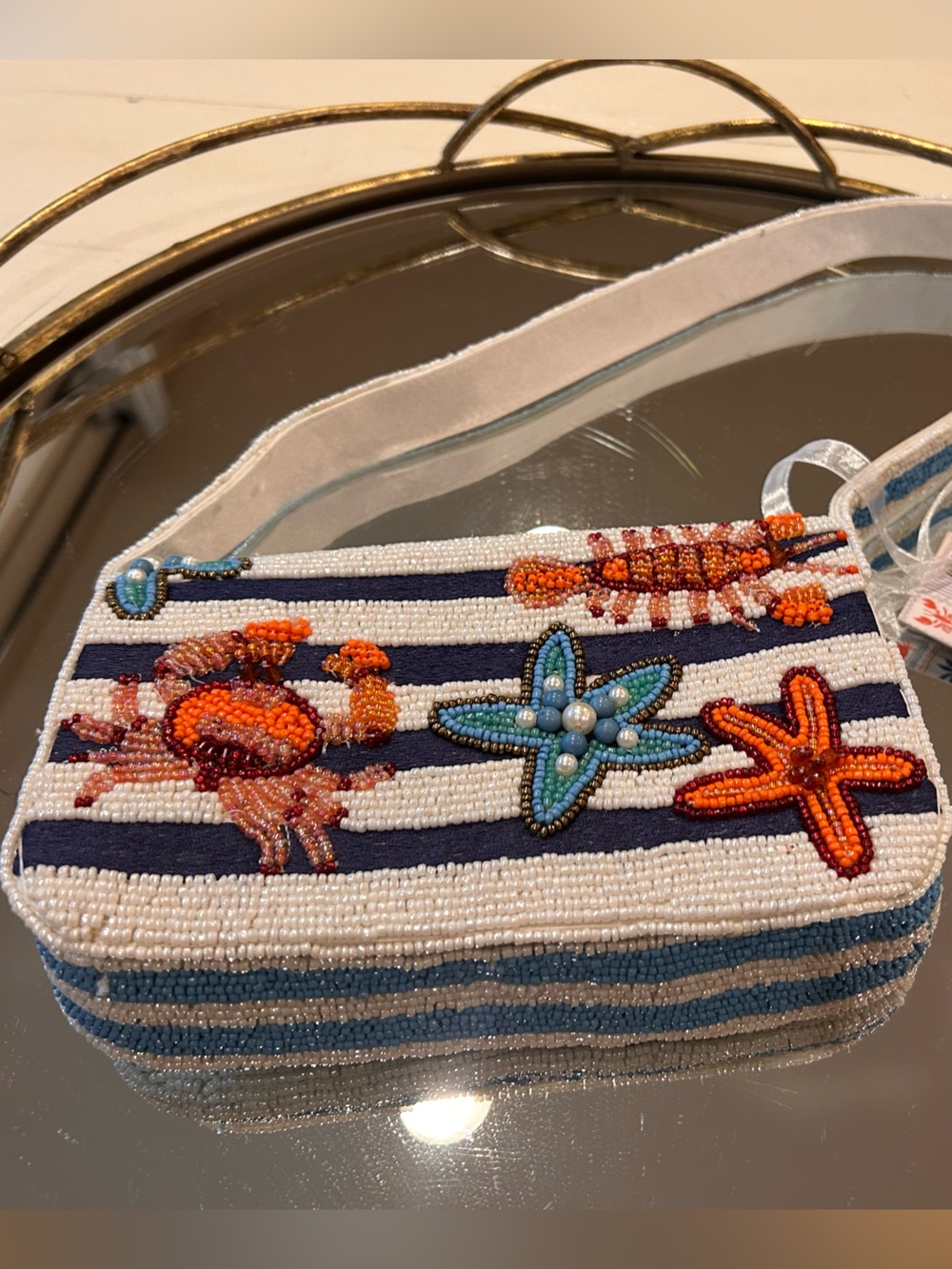 Handbeaded Kids Navy & White Striped Sea Creatures Crossbody Bag NWT